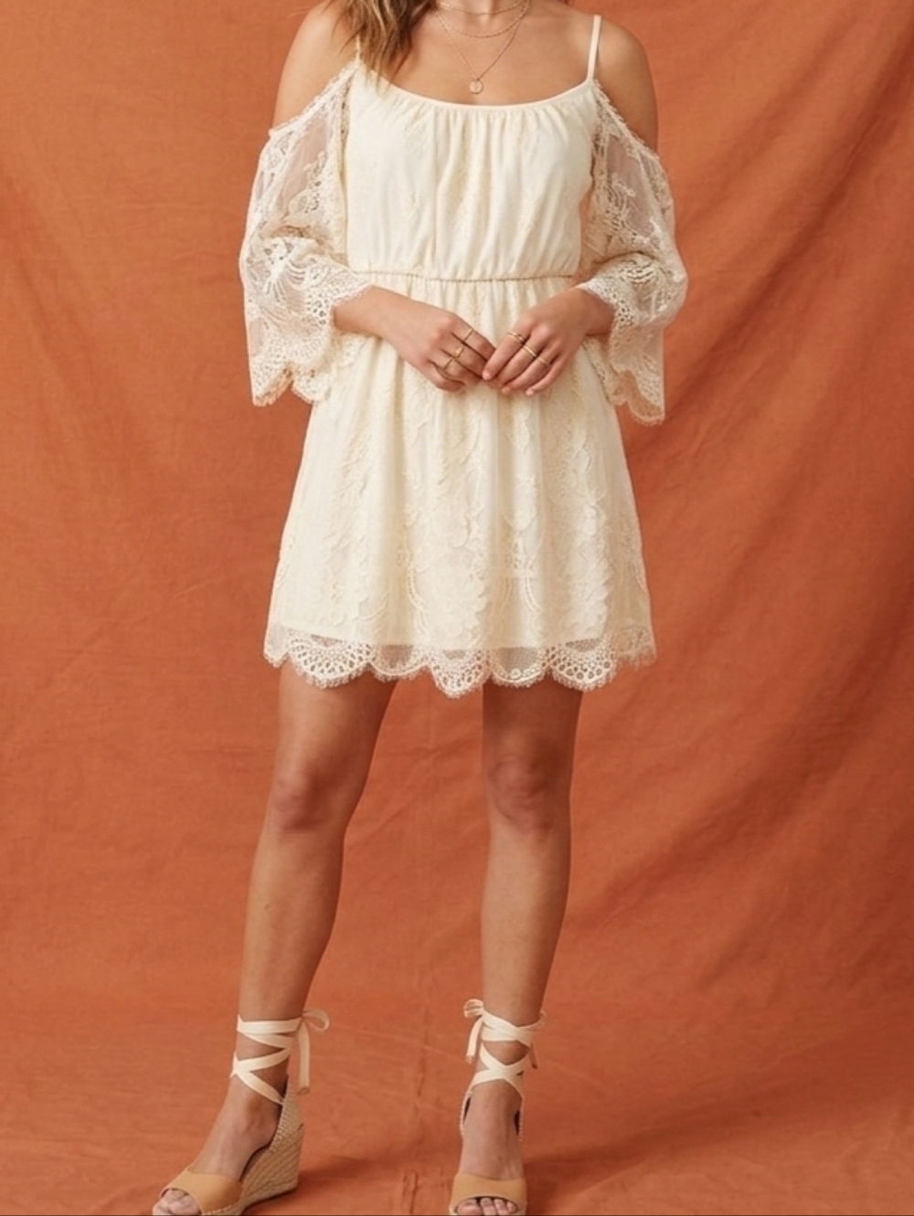 Taylor & Sage Cream Cold-Shoulder Lace Mini Dress